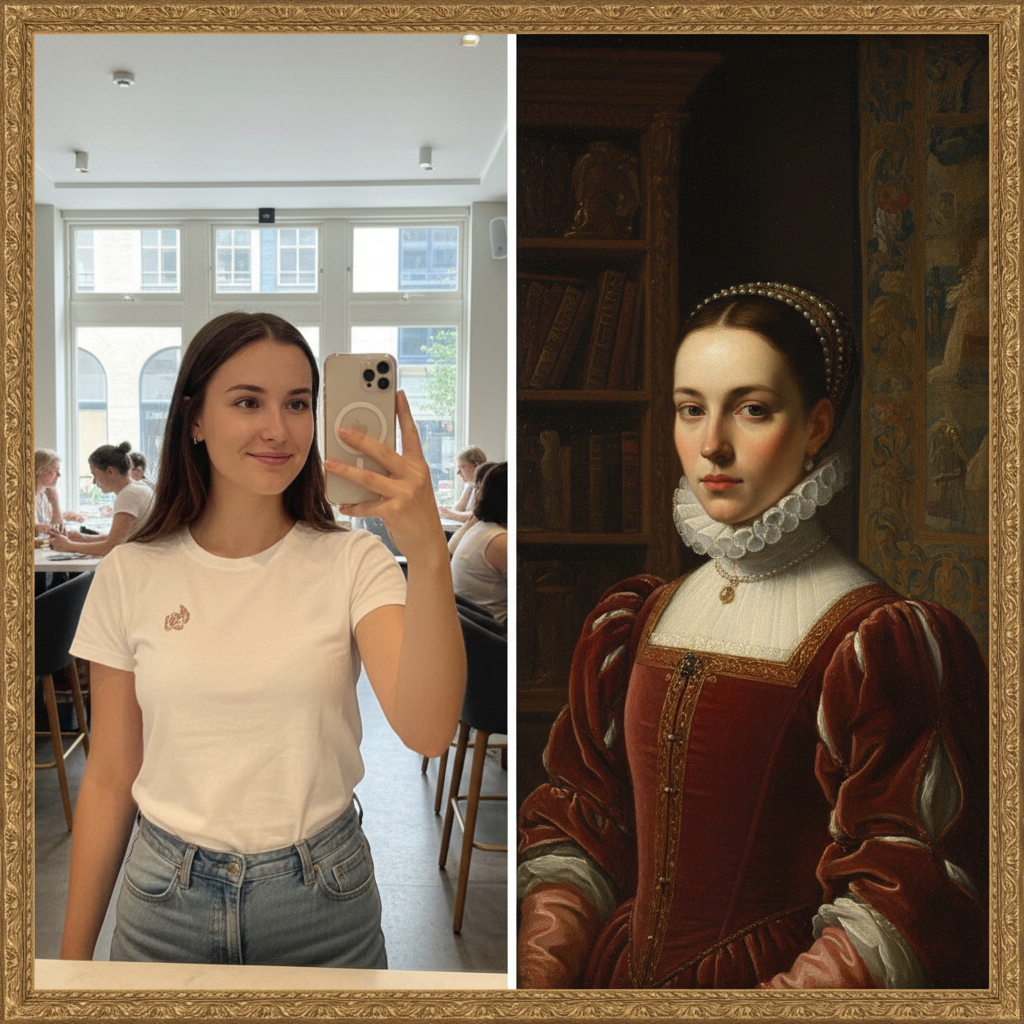 Before and after — a modern selfie transformed into a classical Renaissance oil painting portrait by AI