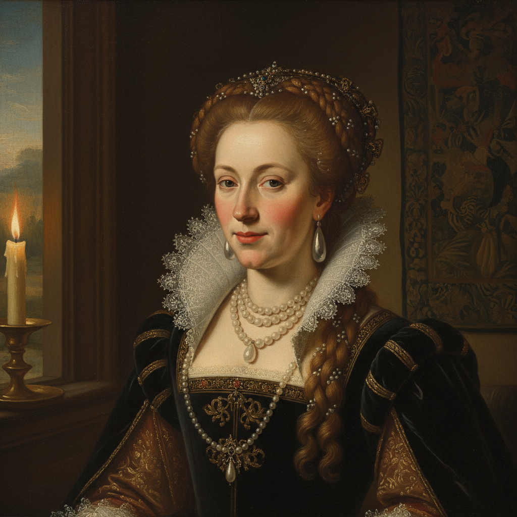 AI Renaissance portrait of a noble woman with pearl jewelry in a Flemish Old Master painting style, warm candlelit glow
