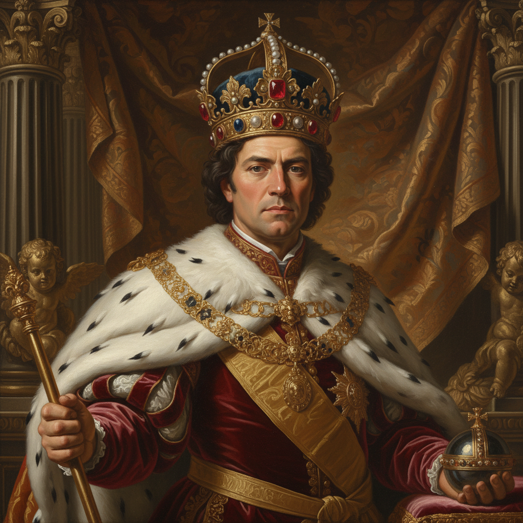 AI Renaissance portrait of a regal king in a jeweled crown and ermine cloak, baroque royal oil painting style