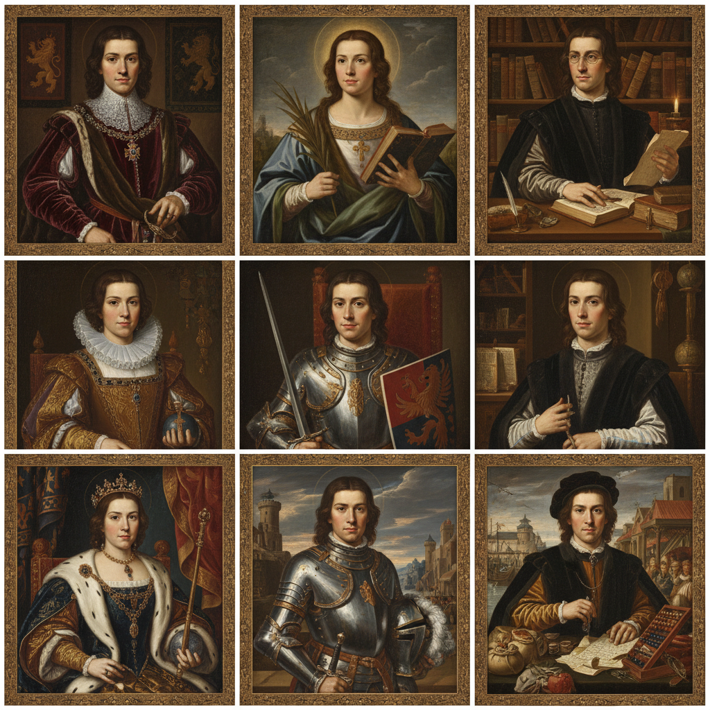 Grid of six AI Renaissance portraits of the same person as different classical figures, consistent face in Old Master oil painting style