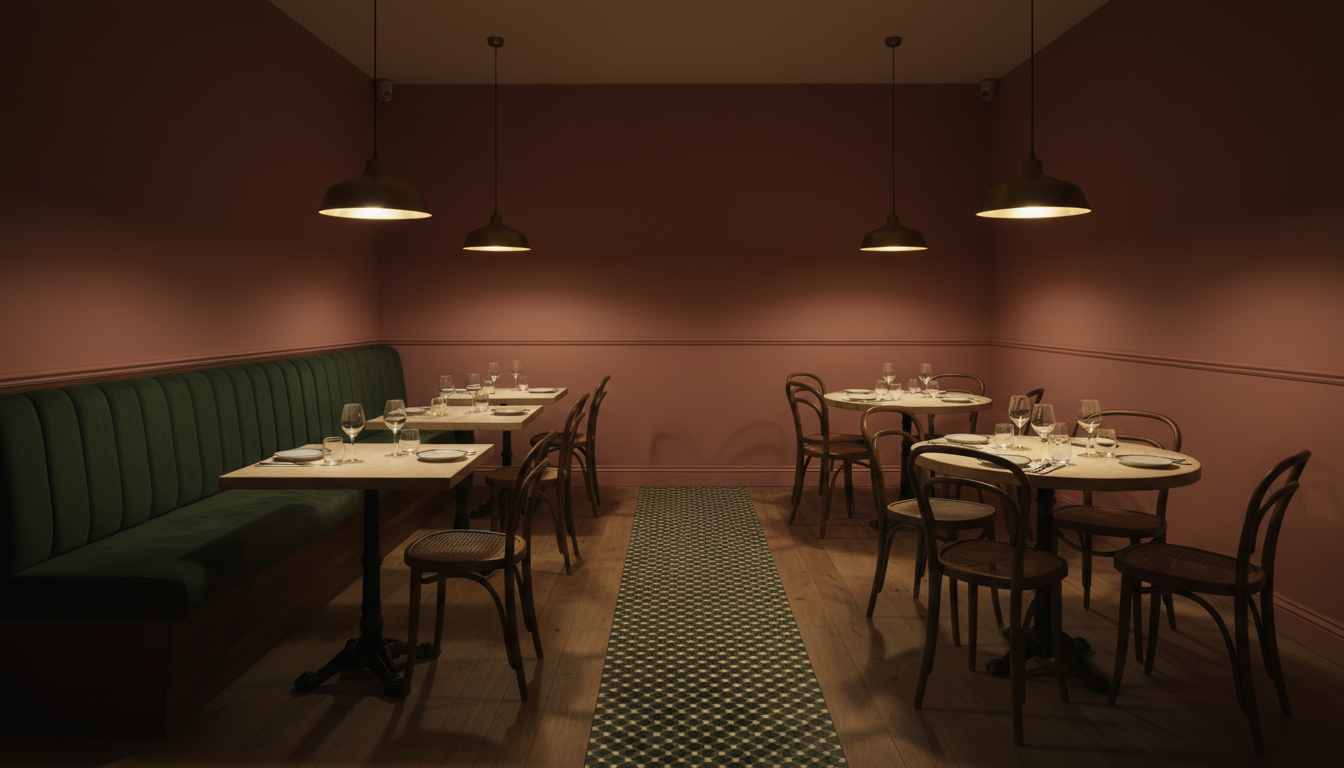 AI restaurant interior design generator result: a long dining room painted deep clay pink to a picture rail, with a deep green fluted banquette running down the left wall, square two top tables on cast iron pedestals in front of it, bentwood cane chairs, round four top tables on the right, a narrow strip of dark green and white geometric tile running down the centre of an oak floor and four dark dome pendants hanging from the ceiling. The light is the best thing in the frame and it is the hardest thing to ask for. The preset said pendant light only, no daylight at all, a bright pool on each table and the corners of the room falling into deep shadow, and every part of that landed. The materials landed too: fluted green velvet on a timber plinth with a real toe kick, bentwood frames with genuine cane backs and cane seats, clay pink below the rail. The counts did not. Seven pendants were asked for, one centred above each of seven tables, and four arrived, all of them hanging over the empty middle of the room where nobody sits, so not one table in the frame is actually lit from above. Four two tops were asked for along the banquette and two arrived. Three round four tops were asked for and the right hand side came back as a crowded cluster. The aisle was specified at forty two inches of clear floor, narrow enough that two people could not pass, and it is drawn wide enough to walk three abreast. The aisle tile also became a narrow inlaid runner down the middle of the boards rather than the floor of the aisle.