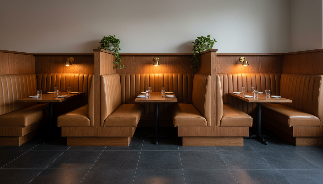 AI restaurant interior design generator result: a run of restaurant booths in tan ribbed leather along a timber panelled wall, each booth with a rectangular oak table on a single black cast iron pedestal, solid timber divider panels between the booths, small brass wall lights above each table, trailing plants on top of two of the dividers and a dark grey large format porcelain tile floor. Three tables, three booths, three wall lights, one light per booth: the run count and the fitting count both landed here, which is the exception in this set rather than the rule. The upholstery is exactly what was asked for, tan leather in vertical channels, and every table sits on a single central pedestal that genuinely meets the floor. The dimension failed. The seat backs were specified at fifty four inches from the floor so that they stand above the seated shoulder line and screen one booth from the next, and they came back at something nearer forty two, which is a banquette rather than a booth and screens nothing. The capping shelf failed with it. A low shelf was asked for across the whole run at seven feet, with one plant standing on it above each of the three booths, and instead each divider stops at its own small cap with two plants perched between booths rather than three above them.