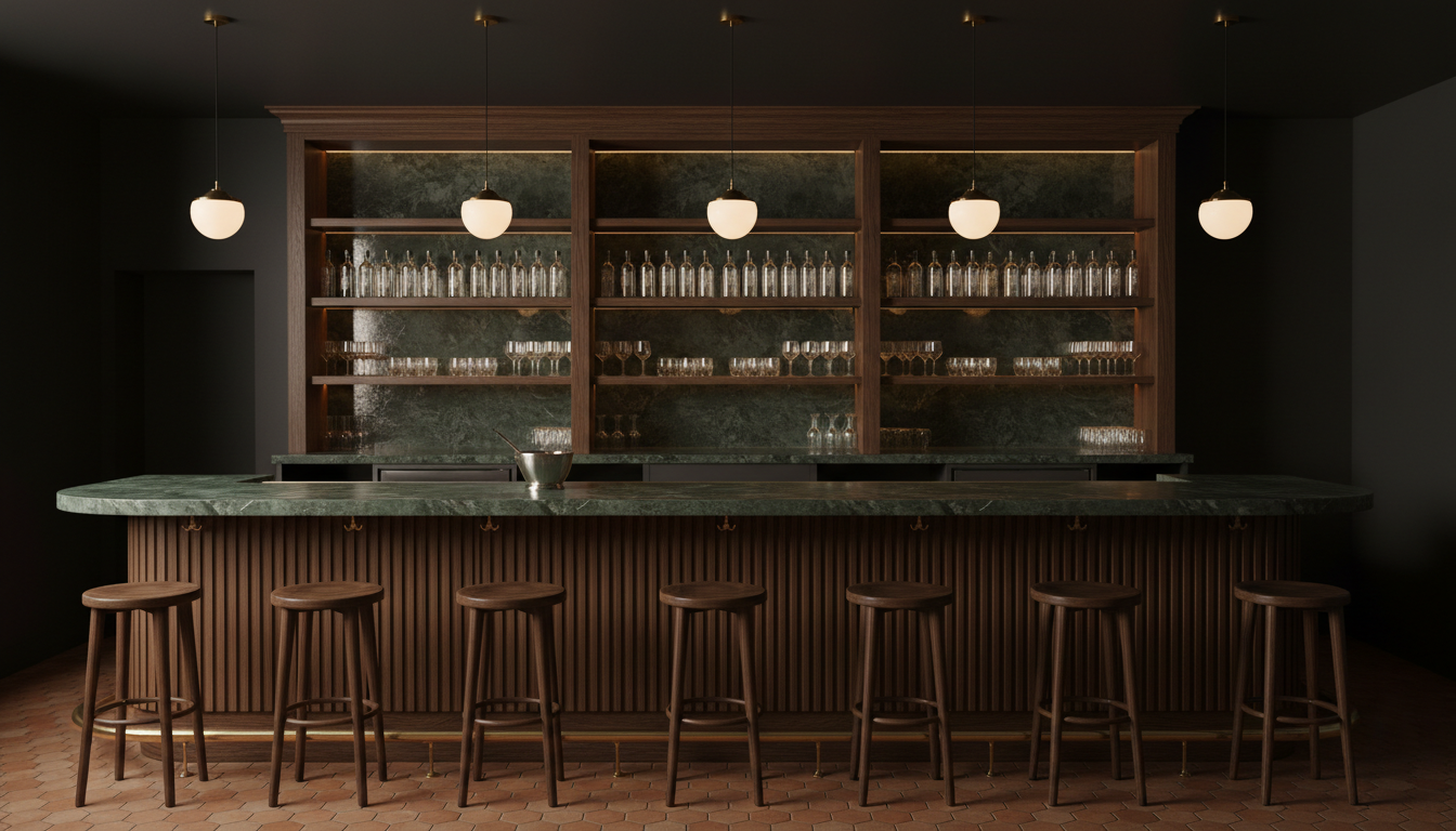 AI restaurant interior design generator result: a restaurant bar front with a fluted dark oak counter, a honed green marble top with a bullnose edge, a brass foot rail, backless timber stools with foot rings along the front, a three bay back bar of open shelving holding rows of plain unlabelled bottles and rows of coupe glasses, green marble panels behind the shelves, hexagonal terracotta tile flooring and glass globe pendants on brass rods. This is the frame that proves the text control works where it matters most. A bar is the single most text dense object in a restaurant and there is not one label, not one lettered tap handle and not one character anywhere in the image, with the bottles rendered as plain clear glass exactly as instructed. The counts went the other way, both upward. Six stools were asked for and seven arrived. Three pendants were asked for and five arrived, and the two on the ends hang past the ends of the counter over open floor, lighting nothing. The back bar was asked for as four shelves high and came back as three. The antique mirrored glass specified behind the shelving was quietly replaced by more green marble, and the stainless ice well under the counter turned into a stainless ice bucket sitting on top of it.