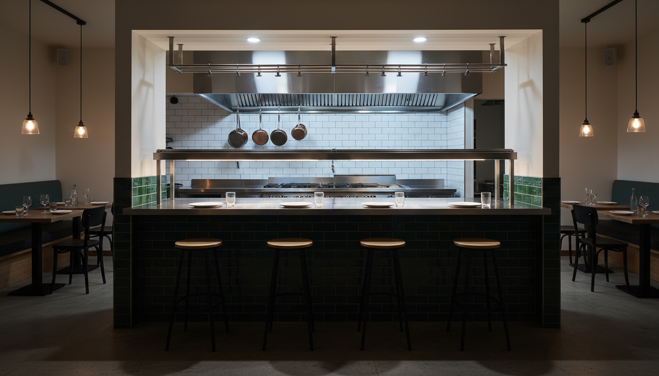 AI restaurant interior design generator result: an open kitchen pass seen from the dining side, with a stainless steel pass counter faced in dark glazed brick tile, five white plates in a row along it, four counter stools in front, a stainless ticket rail and heated gantry above, and behind it an open kitchen with a range, a tall stainless extractor canopy, four copper pans hanging on their own hooks, a white metro tiled wall and a green tile splashback, with banquette tables in shadow at both edges of the frame. Every count that describes objects sitting on one surface landed exactly: five plates in a row, four pans each hanging from its own hook, four stools evenly spaced with all their legs on the floor. Every count that describes something spanning the room drifted. The ticket rail was asked for with six bulldog clips and came back carrying roughly a dozen. The lighting instruction is the strongest result on the page: the kitchen was to be the brightest thing in the frame with the dining foreground in shadow, and the contrast is exactly that, with hard specular highlights on the stainless. The materials slipped in two places. The metro tile was asked for with dark grout and came back with white, and the dark green glazed brick specified for the dining face of the pass arrived nearly black, with the green reappearing as a splashback strip on the kitchen side instead. The extractor canopy was asked to sit eighteen inches above the cooking surface and hangs three or four feet above it.