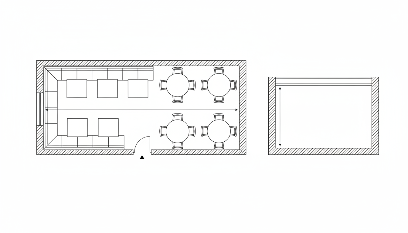 AI restaurant interior design generator result: a flat black line drawing on white, with a restaurant plan on the left showing four hatched walls, an entrance door with a single quarter circle swing arc, banquette runs drawn as bays along the top and bottom walls with square tables in front of them, four round tables each ringed by exactly four chairs, and one long horizontal dimension arrow, next to an empty hatched rectangle on the right. The drawing discipline is genuinely good and better than this series has managed before: uniform thin lines, no colour, no shading, no perspective, not one character of text anywhere, exactly one arc on the sheet where the door swing was asked for, and all four walls hatched rather than two. The per table chair count is perfect, four chairs evenly spaced around every one of the four round tables. What the sheet is actually measuring is wrong. The dimension line was asked for across the central aisle, from the front edge of the banquette tables to the nearest edge of the round tables, to give the clear walking width. It is drawn as a single arrow running the whole length of the room instead, so it dimensions the room and not the aisle. The banquette moved off the left wall onto the top and bottom walls and came back as two runs of five bays instead of one run of four. Three round tables became four. And the elevation on the right is an empty box: the plinth, the seat line and the seat back were all asked for by name and none of them were drawn, leaving a hatched rectangle with a dimension arrow spanning its full height.