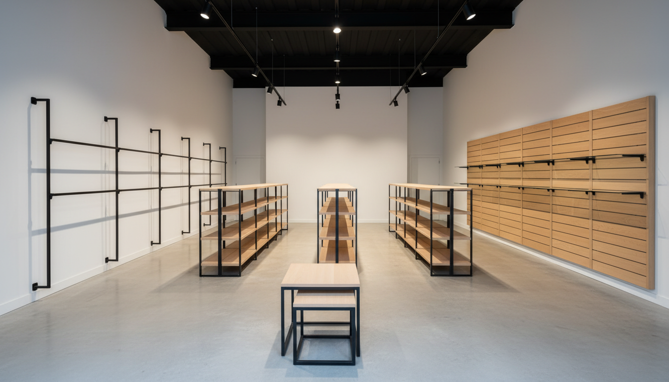 AI retail store design generator result: an empty shop floor with three pale oak gondola runs on black steel frames standing parallel down the middle, a black rail system on the left wall, a full slatted timber wall on the right, a two piece nesting table in the foreground and polished concrete underfoot. Three gondola runs were asked for and three arrived, and the nesting table is exactly right, two tables of different heights with the smaller genuinely tucked under the corner of the larger. Everything measured went wrong. Four hanging rails were specified at one single height of sixty inches and the left wall came back as a two tier grid of rails at several heights. Two discrete slatted wall bays became one continuous slatted wall running the whole right hand side. The worst of it is on that wall: the brackets for the glass shelves are drawn, projecting properly from the slats, and the shelves themselves are simply absent, so the wall carries a row of arms holding nothing. Two lighting tracks above the two aisles came back as four tracks pointing the wrong way, and a floor built from eight foot fixtures rendered as a double height hall with aisles nearer ten feet than the four that was asked for.