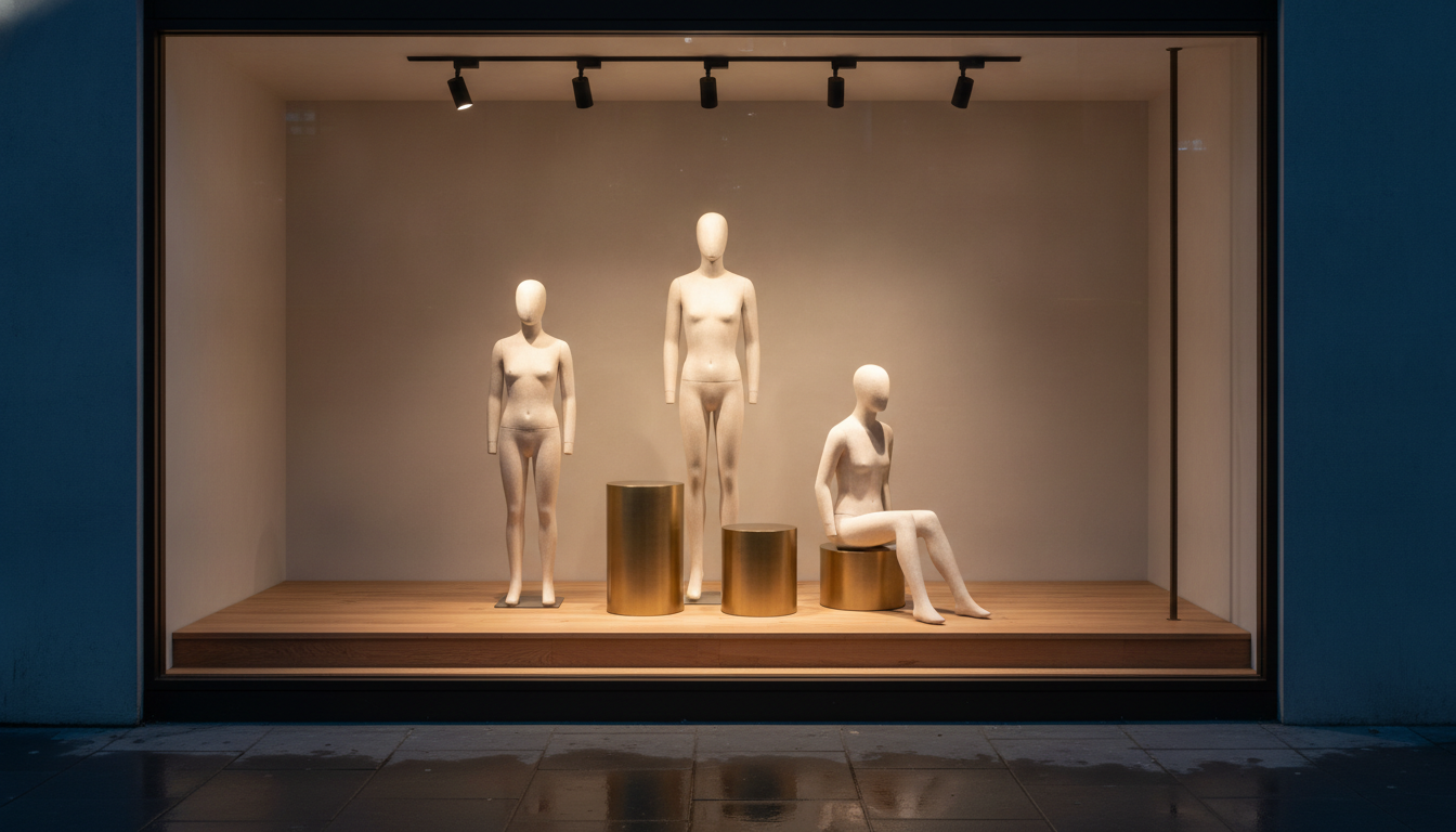 AI retail store design generator result: a shop window at dusk seen from a wet pavement, with an enclosed display box behind a single pane, three featureless pale plaster mannequin forms arranged in a triangle, brass cylinder plinths between them, five black spotlights on a track above and a raised oak platform, the surrounding shopfront in deep blue shadow. This is the best result in the set and the compound instructions all landed. Three abstract forms, no faces, no hair, tallest standing at the centre and slightly back, a shorter standing form to the left and a seated form to the right, exactly as described. Five spotlights on one straight track, evenly spaced. The single vertical bronze rail is at the right hand edge where it was asked for. The dusk brief worked completely: the box is by far the brightest thing in frame and the paving is genuinely wet and reflective. Two failures. Exactly two brass plinths were specified and three arrived, because the model needed something to seat the third form on and quietly invented one. And the display was specified with empty plinths and no merchandise, so the mannequins came back unclothed, which is a picture you can study for lighting and not one you can send to a landlord.