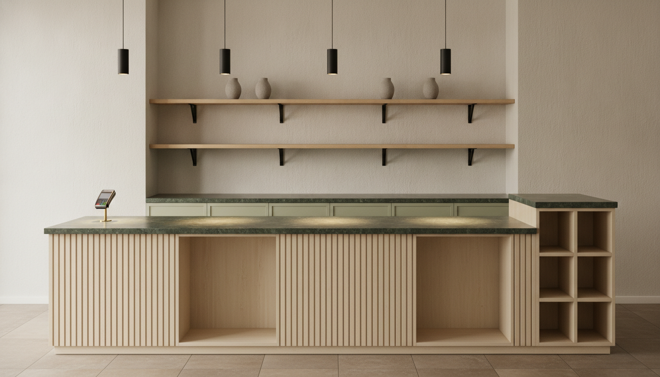 AI retail store design generator result: a retail till counter shot square on from the customer side, with a fluted pale timber front, a honed dark green stone top, a card reader on a brass stand at the left end, two open timber shelves on black brackets on the wall behind, pale green handleless joinery below them and an open cubby unit at the right hand end. The finish brief is faultless and the card reader is exactly where it was put, at the left end with the whole rest of the stone left bare. Two shelves, correct, on visible brackets, with the lower shelf empty as specified. Four ceramic vessels on the upper shelf, correct count, but they are four different shapes bunched into two pairs rather than four identical pieces evenly spaced. Everything else counted up. Three pendants became four, three drawer fronts became six, and an impulse unit specified as four cubbies stacked in a single vertical column came back as a two by three grid of six. The real detailing failure is the counter front: three equal cubbies divided by two dividers were asked for under the customer side, and what arrived is two large open voids cut into the fluting with no dividers at all, which is a till counter you can see straight through.