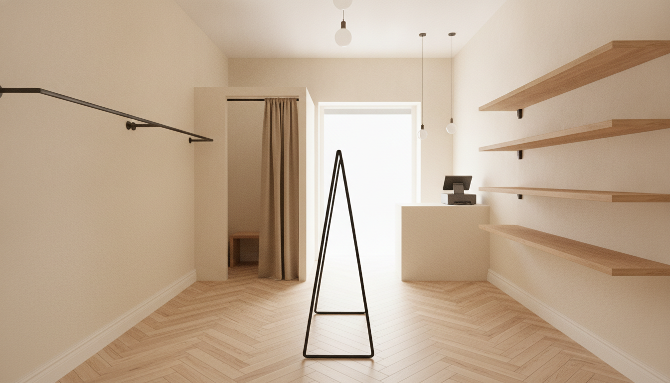 AI retail store design generator result: a small boutique shot from the doorway, with a herringbone pale oak parquet floor, a black rail on the left wall, four timber shelves on the right, a curtained fitting room at the back left, a compact till counter at the back right and a black A frame standing in the middle of the floor. The fitting room is the standout and it was the hardest single instruction on the page: two plaster return walls, a heavy sand coloured curtain on a straight rail, drawn half open, with a small timber bench visible inside. All of it landed. The herringbone parquet landed. Then the shop itself falls apart. The one free standing fixture was specified as a six foot clothing rail on a black steel A frame, and the A frame arrived with no rail across it at all, an empty triangle you cannot hang a single garment on. Three shelves on the right wall came back as four. A three hundred square foot unit described as cramped rendered tall, airy and generously spaced. And the daylight was specified as coming through the doorway behind the camera, so the model put a blazing second doorway in the back wall instead and lit the shop from the wrong end.