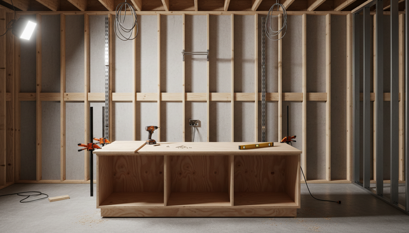 AI retail store design generator result: a shop fit out part way through construction, shot square on against a wall of exposed timber studs, with a bare plywood gondola carcass divided into three bays on a recessed plinth, a horizontal blocking rail screwed across every stud at rail height, two vertical slotted wall standards, coiled first fix cable hanging from the ceiling joists, a metal stud partition going up on the right and a work light at the top left. This is the most accurate frame in the set. Three bays and two dividers, correct. The blocking row where the hanging rails will land is drawn right across the studs, which is the single most useful thing on this page and the thing no styled shop photograph will ever show you. The coiled cable, the drill, the pencil, the loose screws and the sawdust all landed. Three things did not. Exactly two orange bar clamps were asked for and three arrived, clamped to a black post rather than to the end of the carcass. The pocket screws specified where each divider meets the base are nowhere, so the carcass reads as if it holds itself together. And the one shelf bracket is fixed to bare plasterboard in the gap between the two slotted standards it was supposed to slot into.