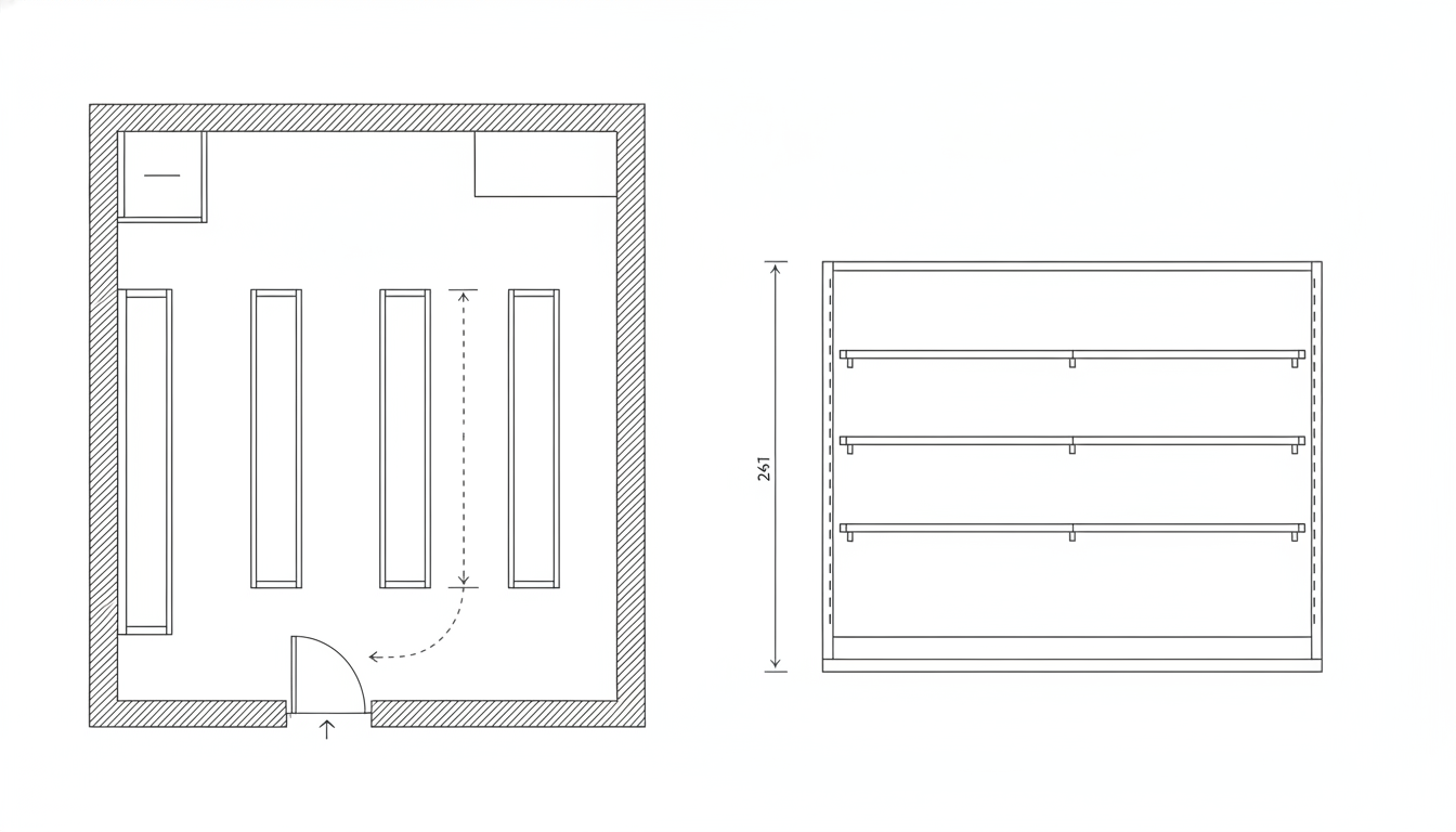 AI retail store design generator result: a flat black line drawing with a retail shop plan on the left and a straight on elevation of the wall bay on the right, showing hatched walls on all four sides, an entrance door with a quarter circle swing arc, long thin rectangles for the fixture runs, a small square with a curtain line for the fitting room, a dashed customer path and a dimensioned elevation. The sheet is clean and all four walls came back hatched. The door and its swing arc are perfect, the fitting room square with a short line across its opening is exactly right, and the dashed line is genuinely the only dashed line on the sheet. Everything else is off by one or pointed at the wrong thing. Three gondola runs in plan came back as four while four rails in the elevation came back as three. The dashed customer path was asked to run from the door up between the runs and finish at the till, and it stops dead in the middle of the floor having grown an arrow head at each end, so it now reads as a dimension line rather than a path. The one real dimension line was asked for across the gap between two runs to give the aisle width and is drawn along the length of the aisle instead. And the ban on numerals failed in the one place it was most explicit: the elevation carries the number 261.
