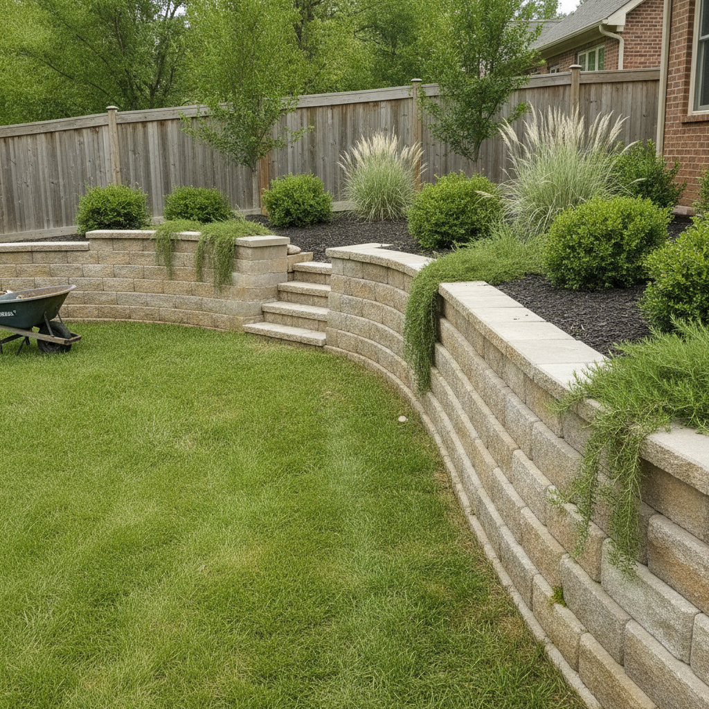 AI retaining wall design generator result: a curved segmental block wall in mottled buff and grey laid in even courses with a flat cap overhanging the face, steps cutting through it to a dark mulched bed of box balls and pampas grasses above, a mown lawn running up to its foot and a timber fence behind.