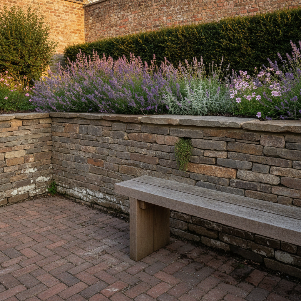 AI retaining wall design generator result: a dry-stacked fieldstone retaining wall in grey, buff and rust-brown with flat capping stones, holding a cottage border of lavender and catmint that flops over the cap, a herringbone brick path running to its foot and a timber bench standing against it in low evening light.