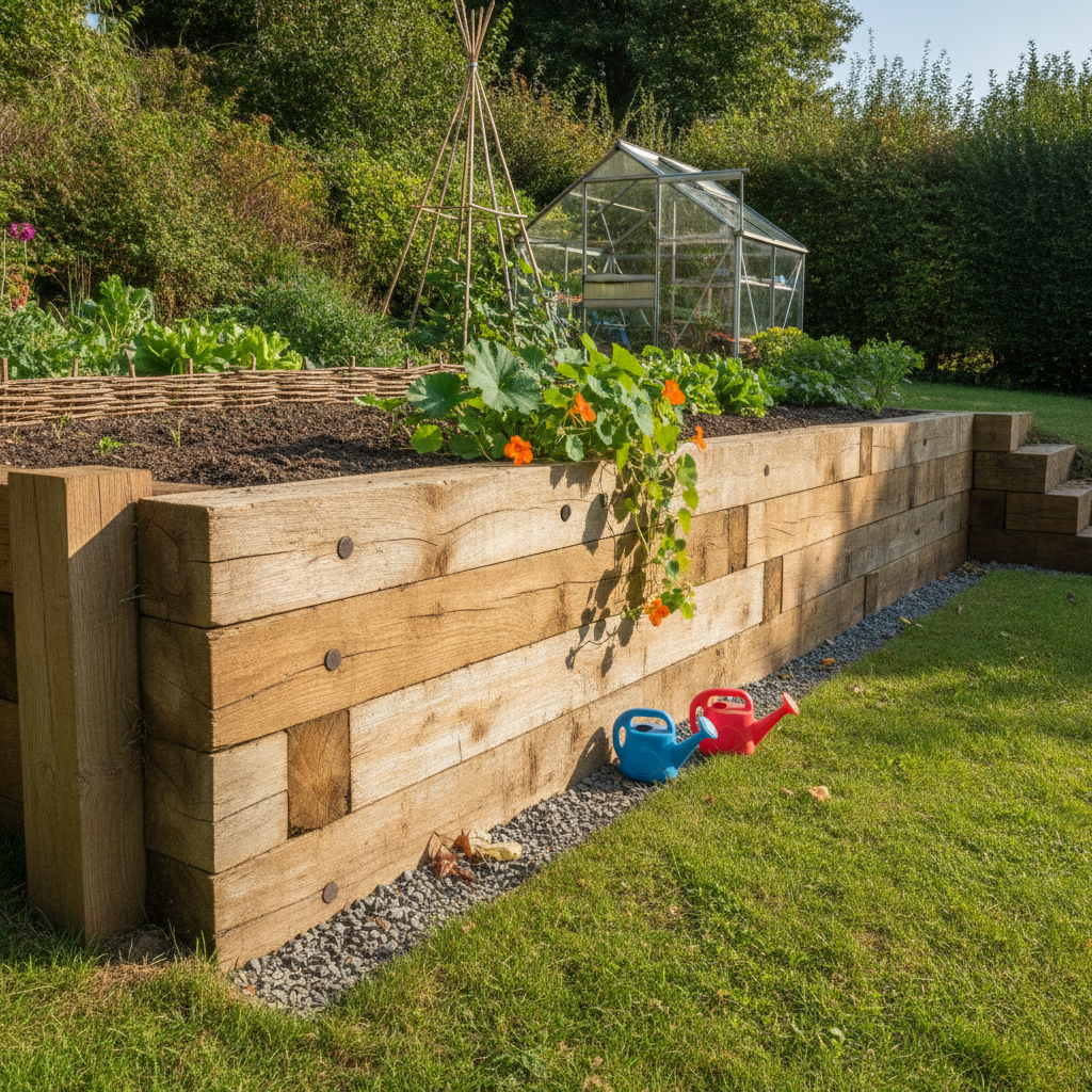 AI retaining wall design generator result: a timber sleeper retaining wall stacked from heavy hardwood sleepers with countersunk bolt heads and an upright end post, holding a raised vegetable bed with a bean wigwam and a greenhouse behind, nasturtiums spilling over the top sleeper onto the face.