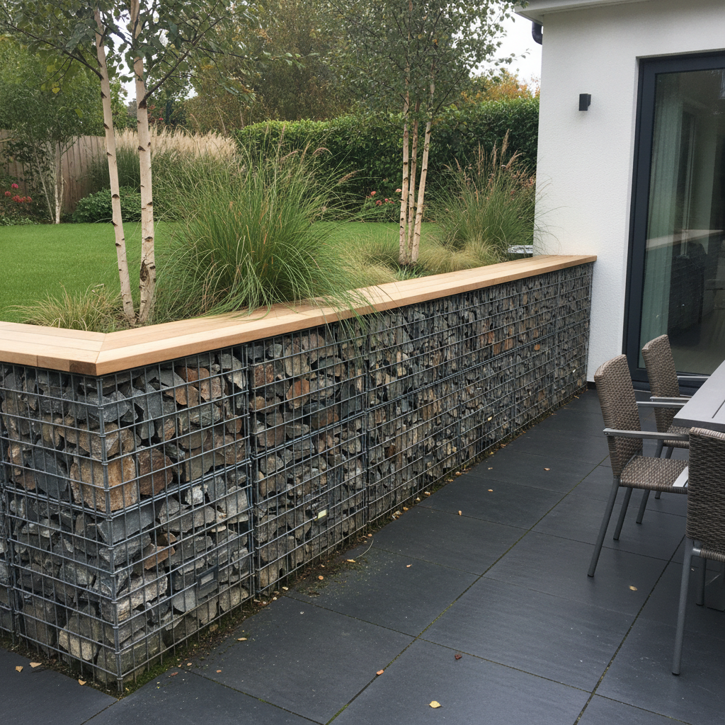 AI retaining wall design generator result: a gabion retaining wall of galvanised steel mesh baskets packed with angular slate and rust-brown stone, topped with smooth pale timber capping boards, holding a lawn of birches and grasses above a dark charcoal porcelain terrace with dining chairs.