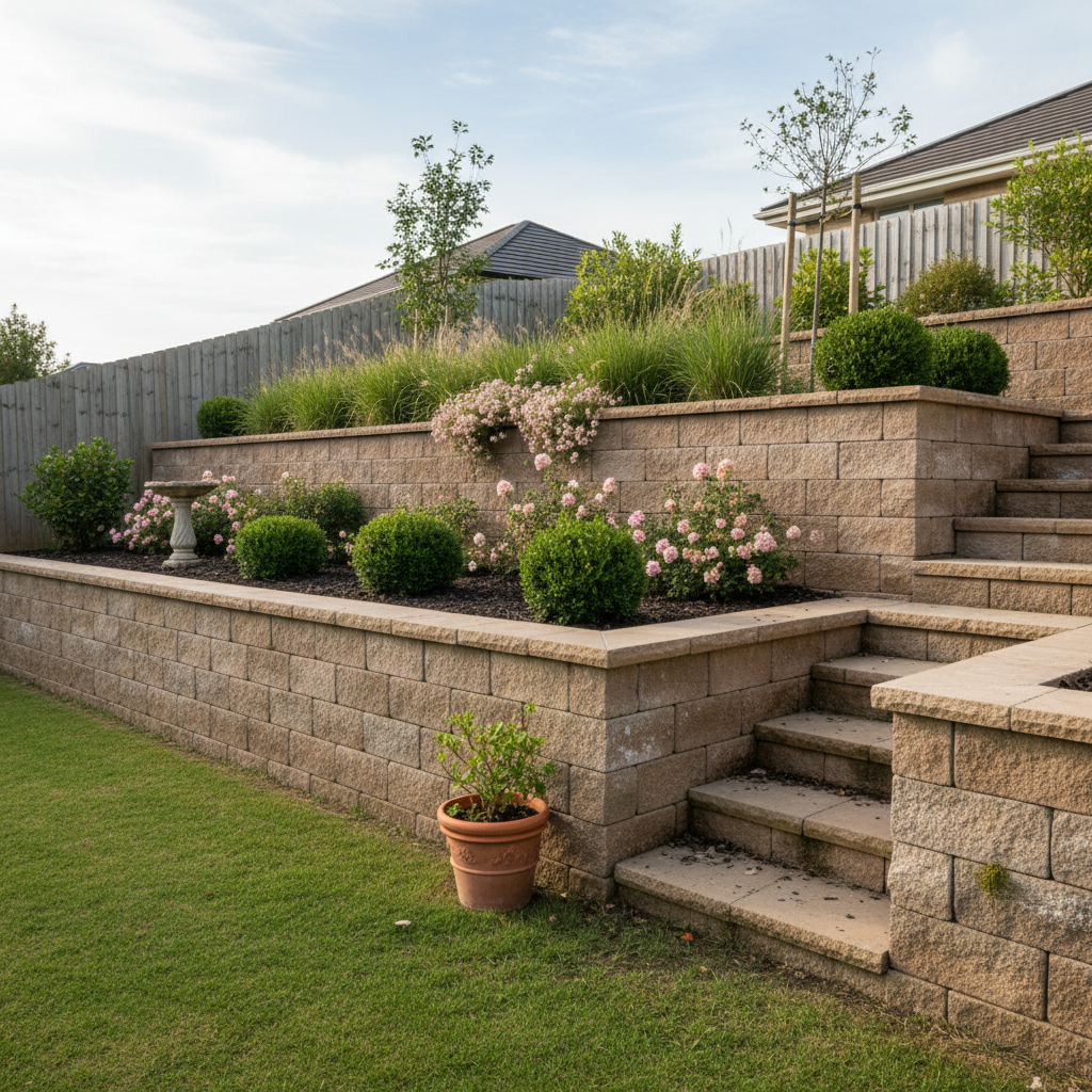 AI retaining wall design generator result: a two-tier terraced slope built from tumbled buff concrete blocks, two capped walls stepping up with a planted terrace of box balls and pink roses between them, a flight of steps climbing through both and a terracotta pot on the lawn below.