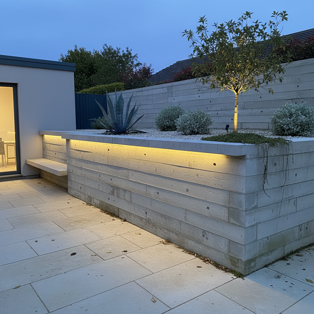 AI retaining wall design generator result: a board-formed concrete retaining wall at blue dusk showing horizontal timber grain and round tie holes, a recessed shadow gap washing warm light down the face, an agave and silver shrubs in pale gravel above and limestone paving running to its foot.