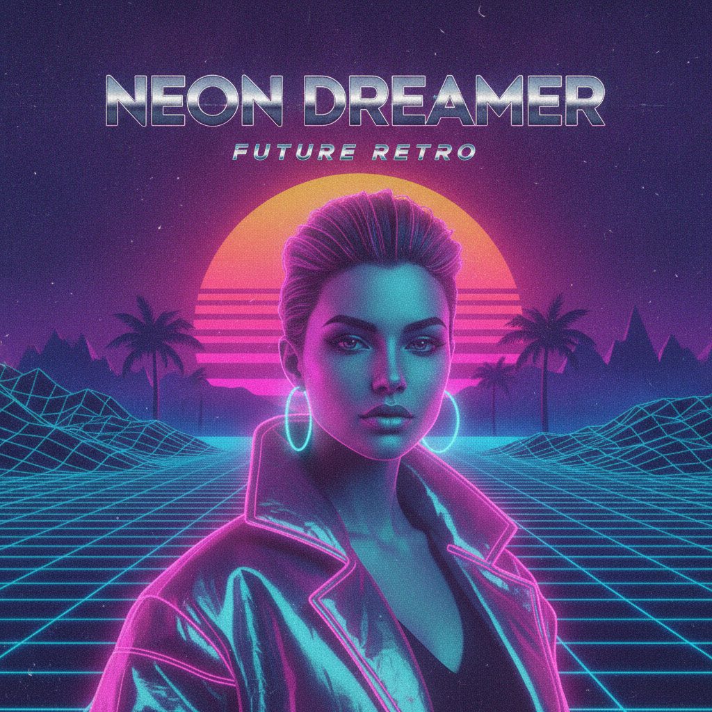 AI retro style generator creating an 80s synthwave portrait with neon pink and cyan gradient