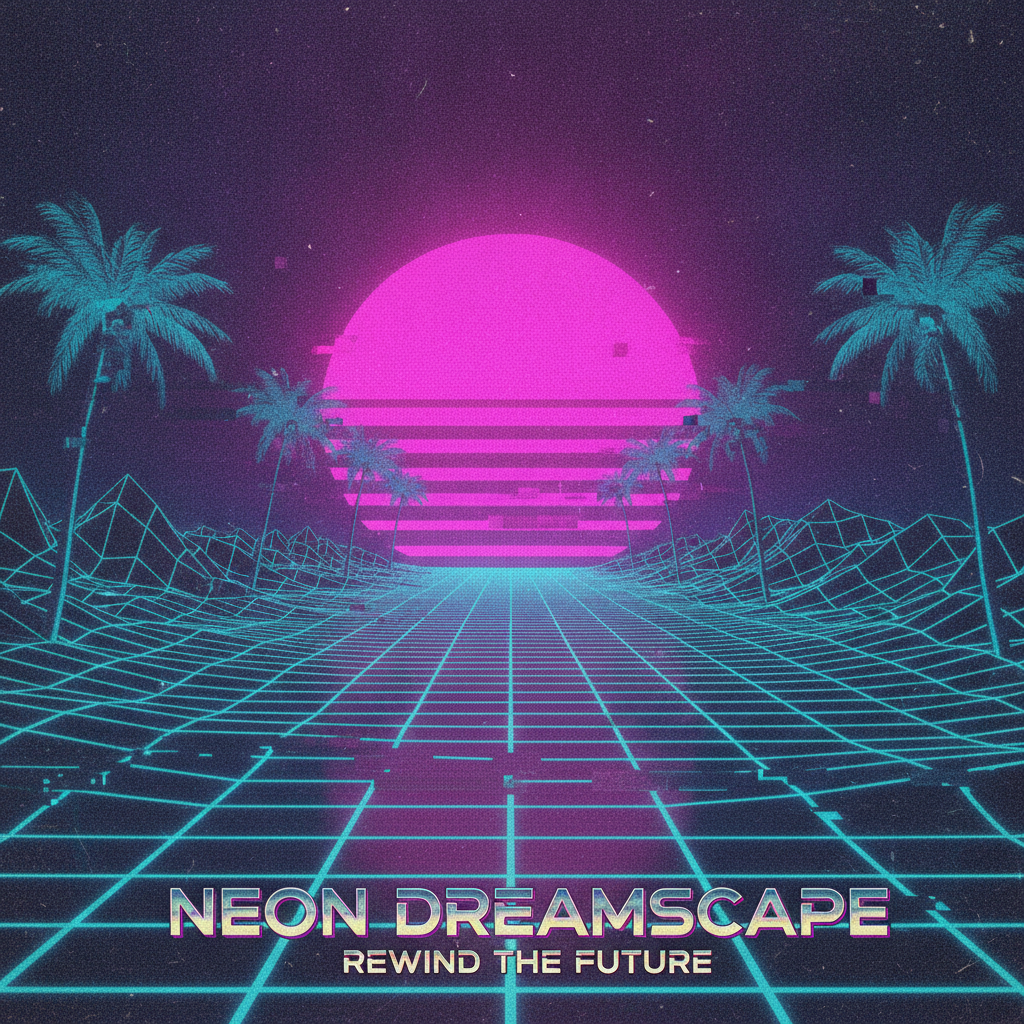 AI retro video generator 1980s synthwave neon grid sunset frame with scanlines