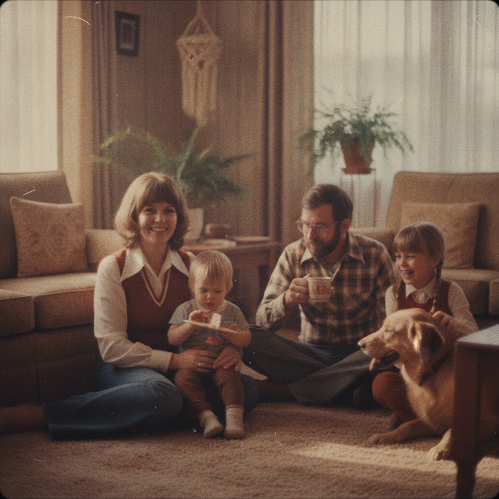 Vintage 1970s film grain home-movie still with warm faded tones made by retro video AI