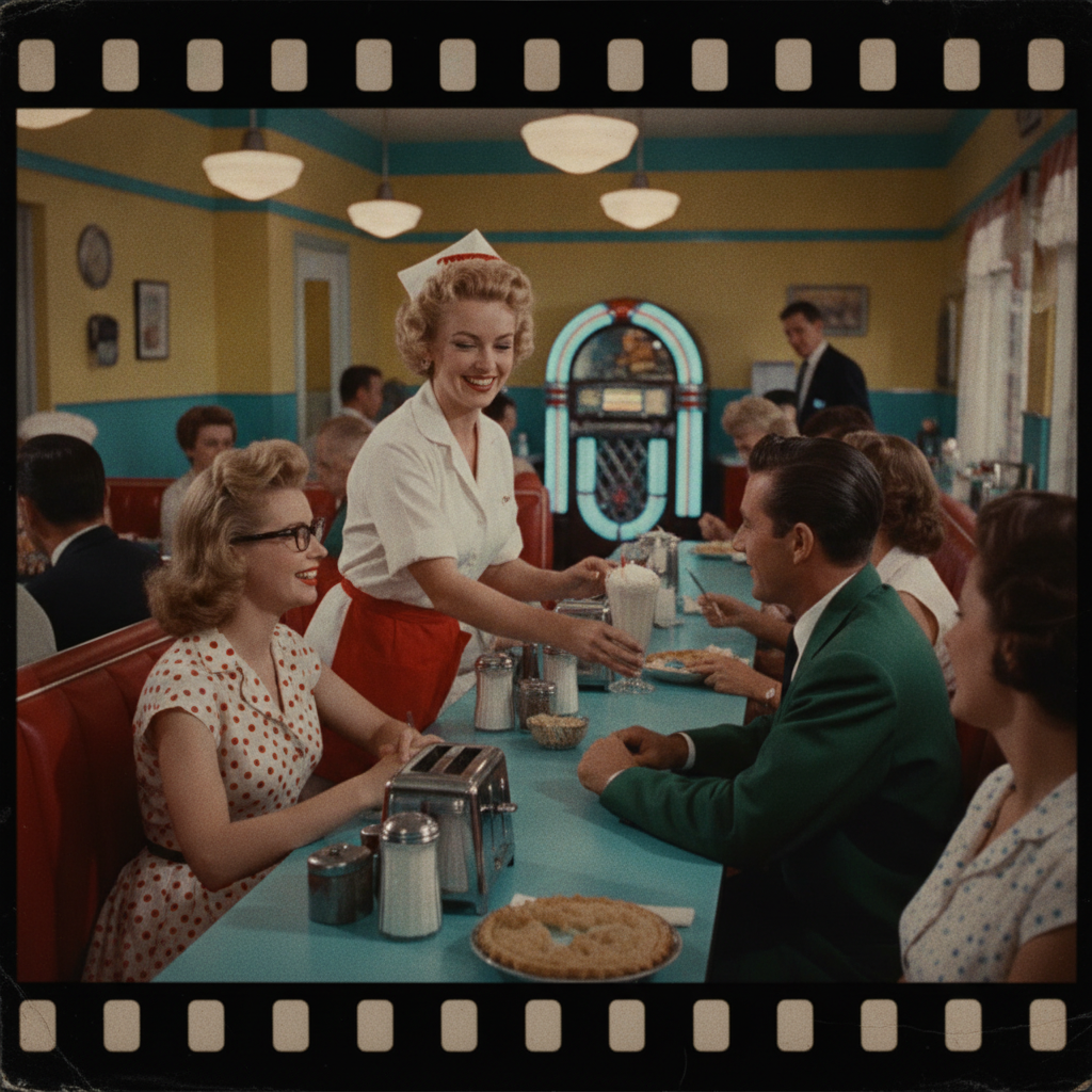 Retro 1950s technicolor diner scene frame with saturated vintage colors