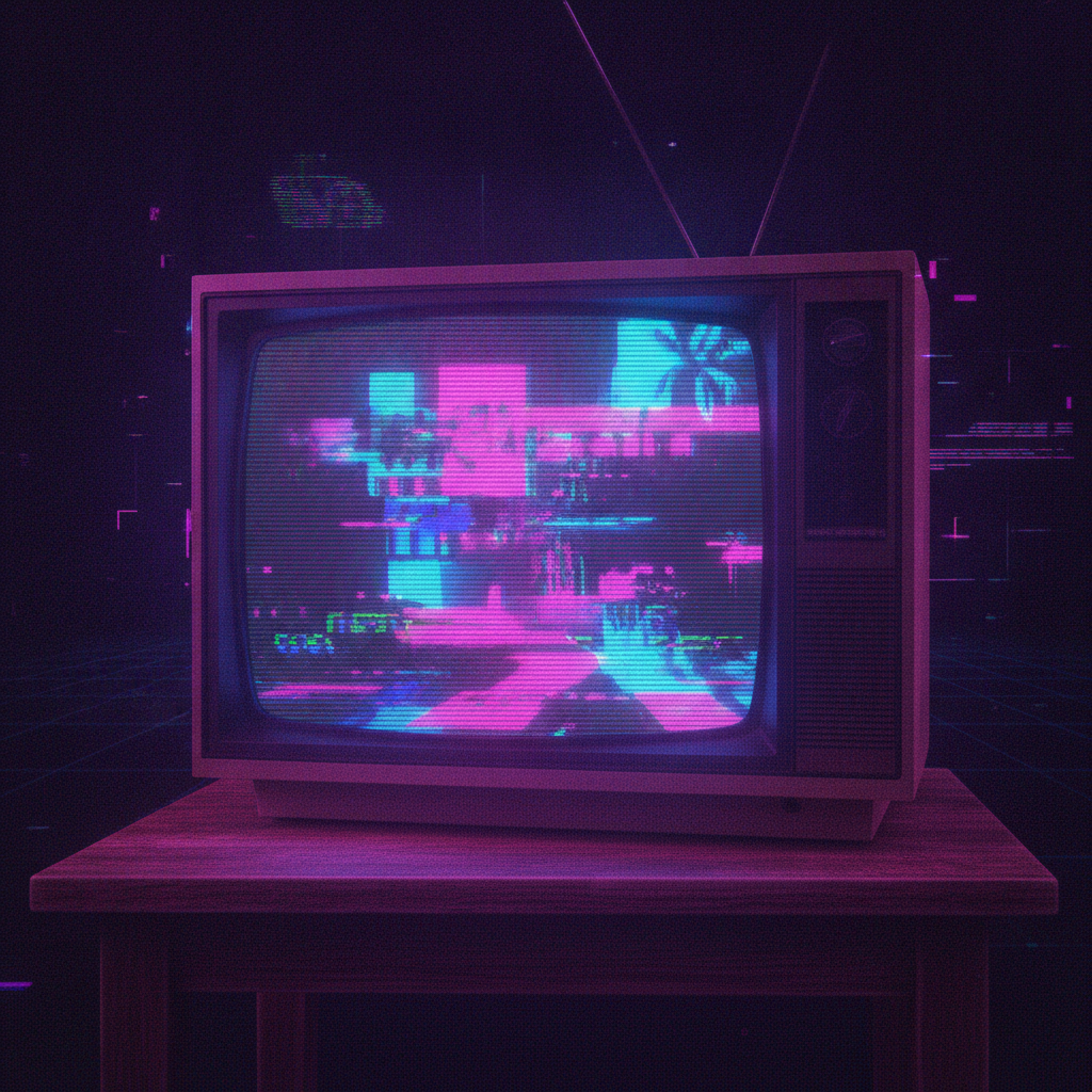 Old-school CRT television static glitch vaporwave art from old-school video effects AI