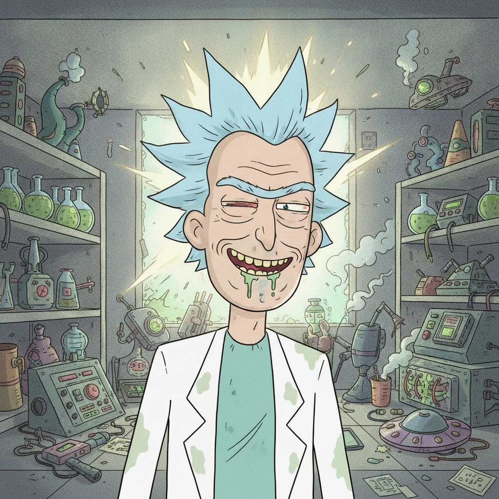AI Rick and Morty generator result showing a man as a Rick Sanchez style mad scientist in a lab coat inside a cluttered garage laboratory