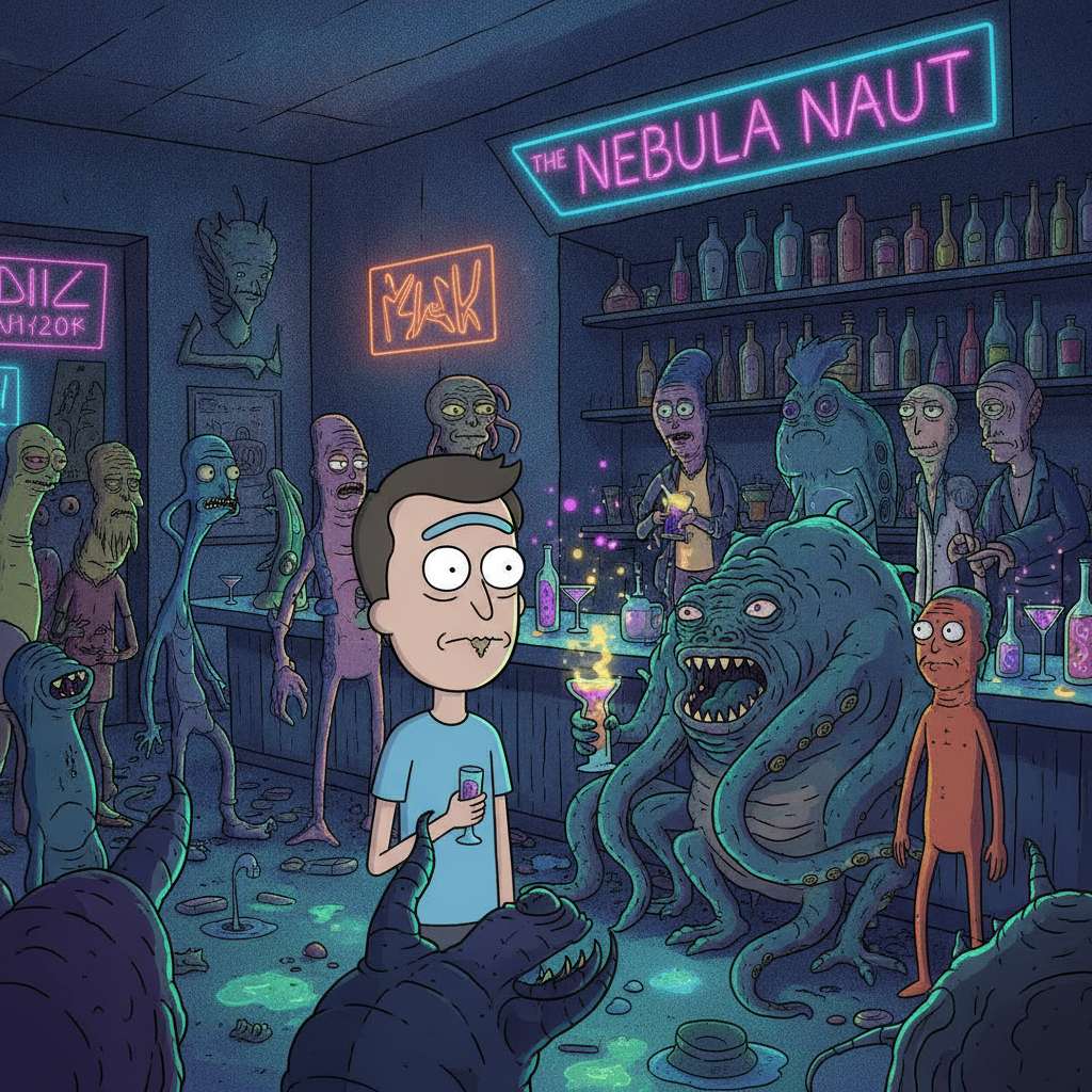 AI Rick and Morty generator result showing a person as a cartoon character surrounded by weird colorful aliens at an intergalactic bar