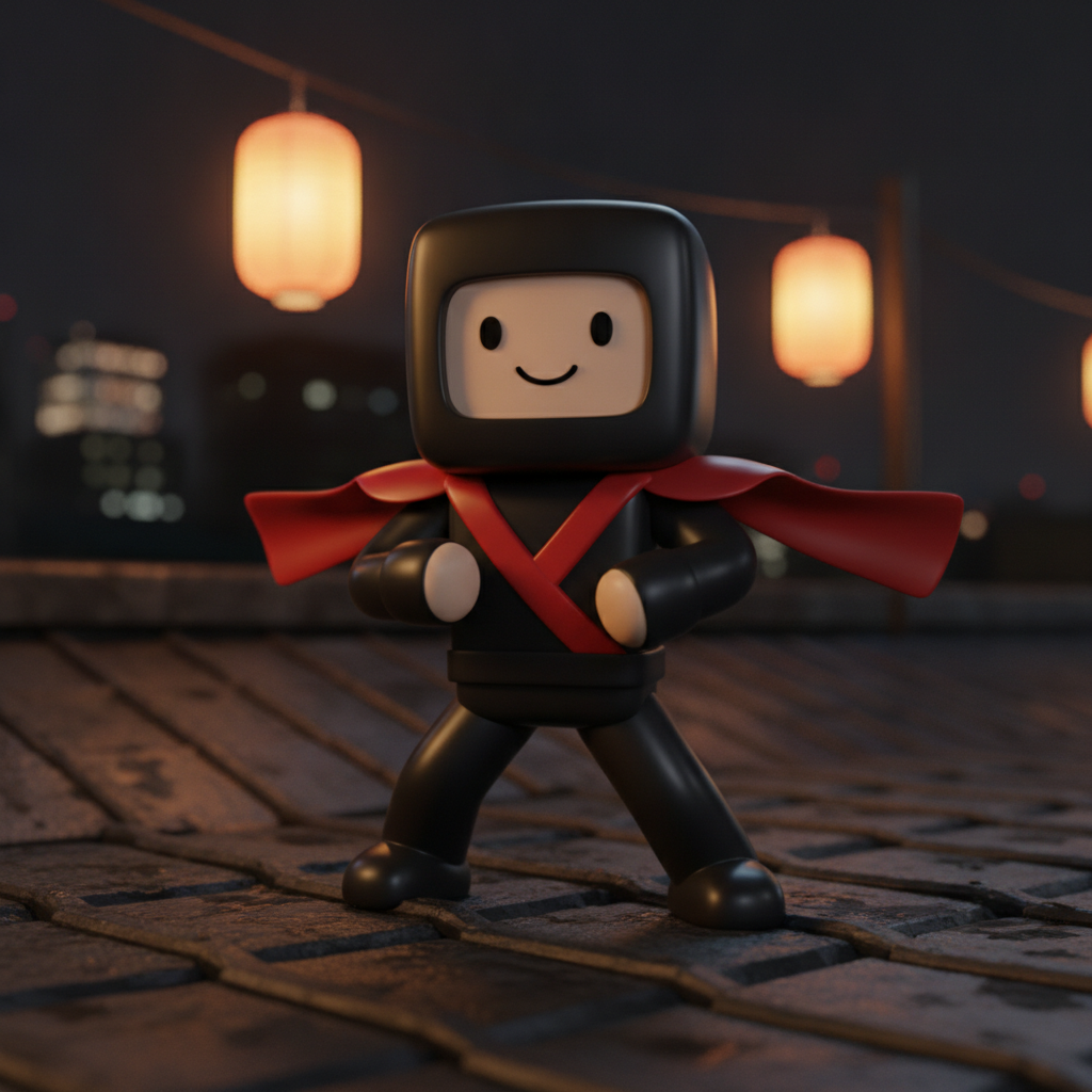 AI Roblox skin generator result: a blocky avatar in a black hooded ninja outfit with a red crossed wrap and a red scarf caught mid-motion, posed on a dark rooftop under warm hanging lanterns. The outfit reads instantly at thumbnail size, which is the point of the archetype, but the build has drifted towards a soft vinyl toy — the head is rounded rather than cubic and the arms merge into the torso, ending in pale stubs where hands should be