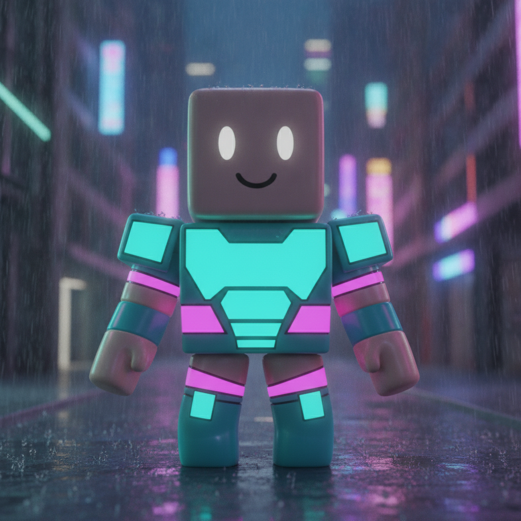 A neon cyber avatar with glowing teal chest panels and magenta bands, standing in a rainy city street with pink and blue signage bokeh behind. This is the closest of the six to the real platform silhouette: flat cube head with two eyes and a simple smile, boxy torso, separate cylindrical arms with fists. The only defect is a fringe of stray hair-like wisps around the head and shoulder edges, a render artefact rather than a design choice