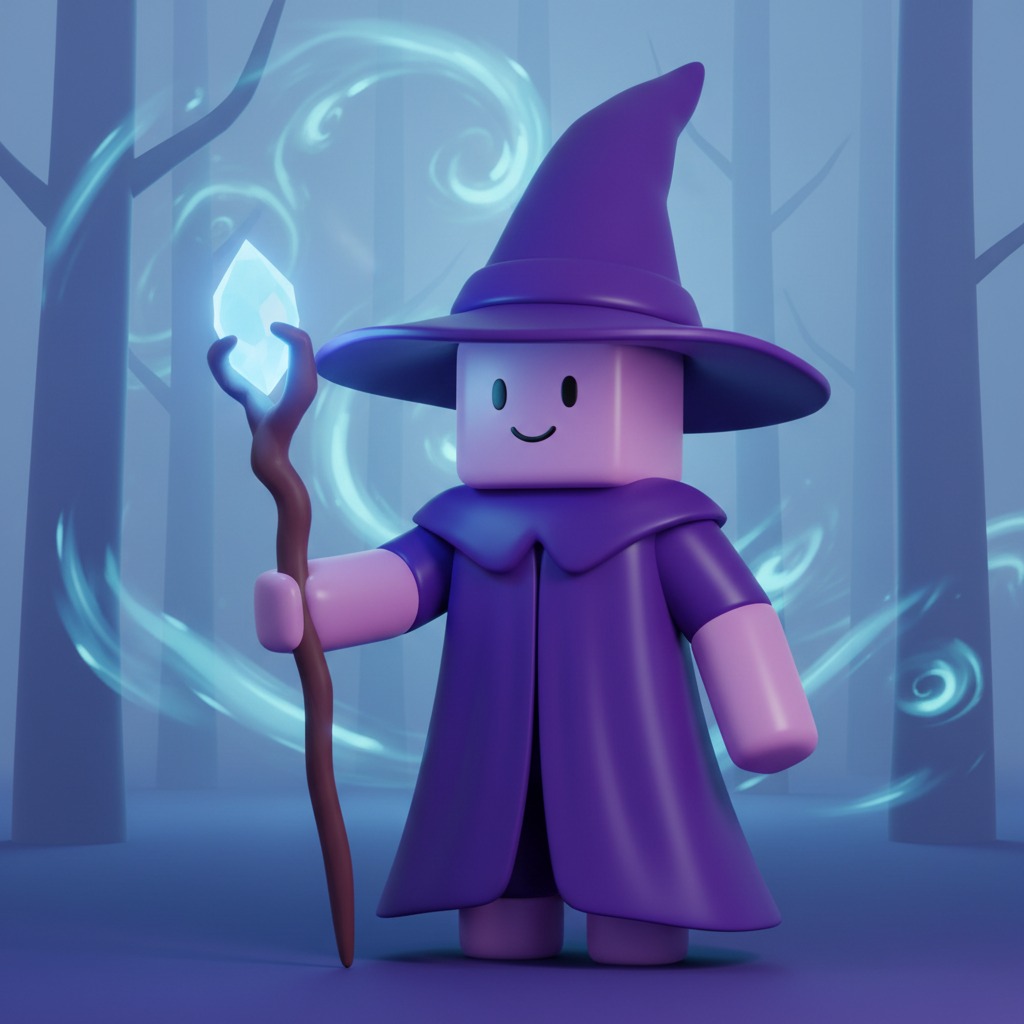 A wizard avatar in a purple robe and tall pointed hat, a glowing crystal staff beside it and pale blue magic swirling through a misty forest. Two things went wrong and both are worth seeing: the staff floats next to the arm rather than being held, because the model has no hand to close around it, and the robe swallows the legs entirely so only two short stubs remain underneath