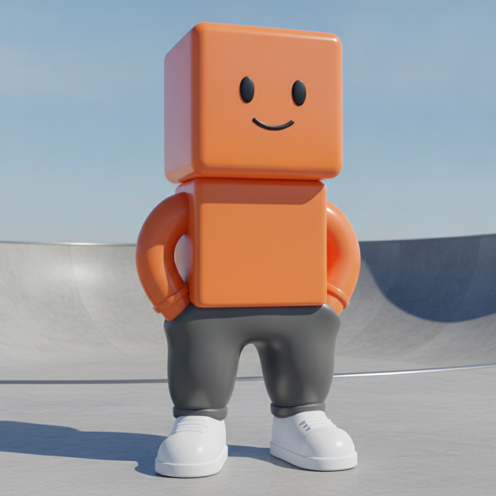 A streetwear avatar in orange and grey standing in a bright concrete skate park with white chunky sneakers. The weakest frame of the six. The hoodie asked for arrived as a plain orange box with no hood at all, and the arms curl round behind the body into two inflatable-ring shapes with no hands visible. Arms and hands are where this style breaks most often, so judge them first on anything you plan to build from