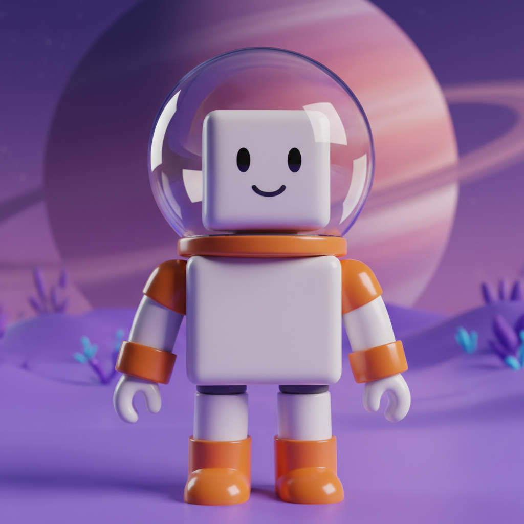 A space explorer avatar in a white and orange suit under a clear bubble helmet, standing on a lilac alien surface beneath a huge ringed planet. The best build of the set: cube head, rectangular torso, properly separated cylindrical limbs, open claw hands and colour blocking that stays legible when the image is shrunk to feed size. The helmet reads as real glass rather than a painted-on dome