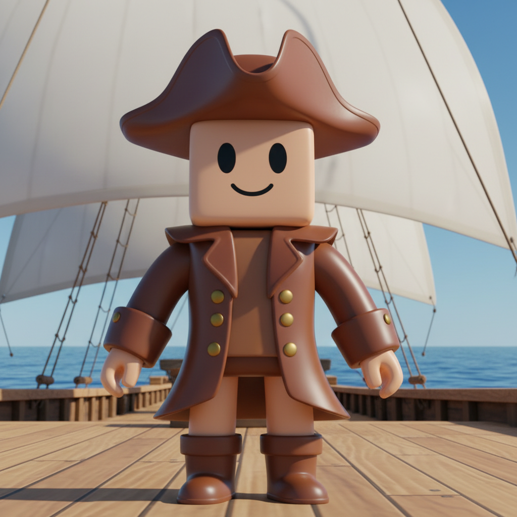 A pirate avatar in a brown coat with wide turned-back cuffs, a tricorn hat and tall boots, on a ship deck with white sails and open ocean behind. The coat is the most convincing garment across all six — lapels, skirt and cuffs are all resolved well enough to model from. Note the brass buttons render as domed spheres rather than flat discs, and the hat sits forward of the head so the head briefly reads as detached