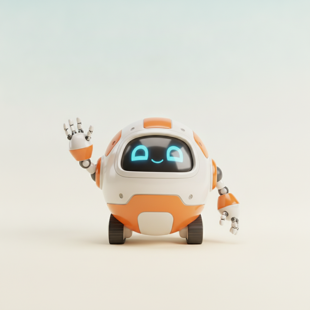 AI robot generator output — friendly cute cartoon robot character with rounded white and orange body and big glowing blue eyes, 3D render on a clean background