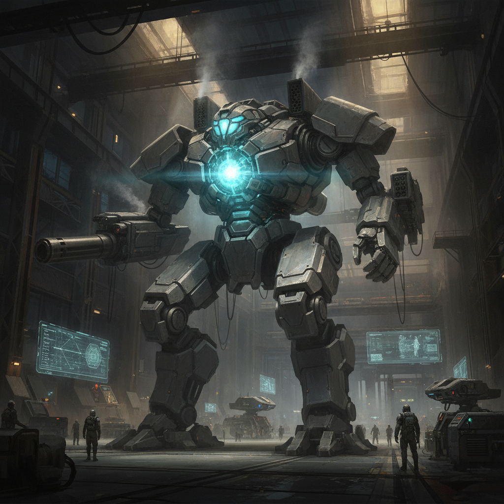 AI robot generator output — massive armored battle mech with a glowing energy core standing in a futuristic hangar, sci-fi concept art, mecha generator ai output