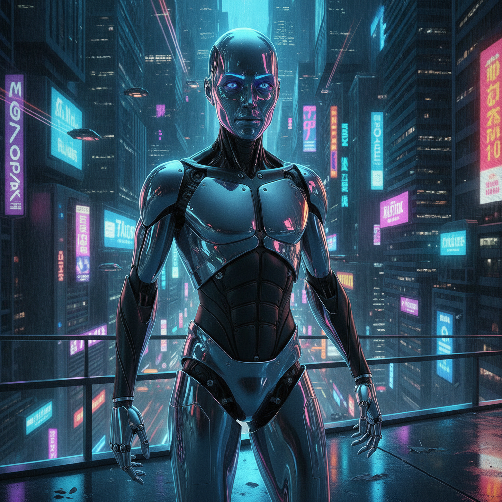 AI robot generator output — sleek photorealistic humanoid android with chrome and matte black body in a neon cyberpunk city, android generator ai output
