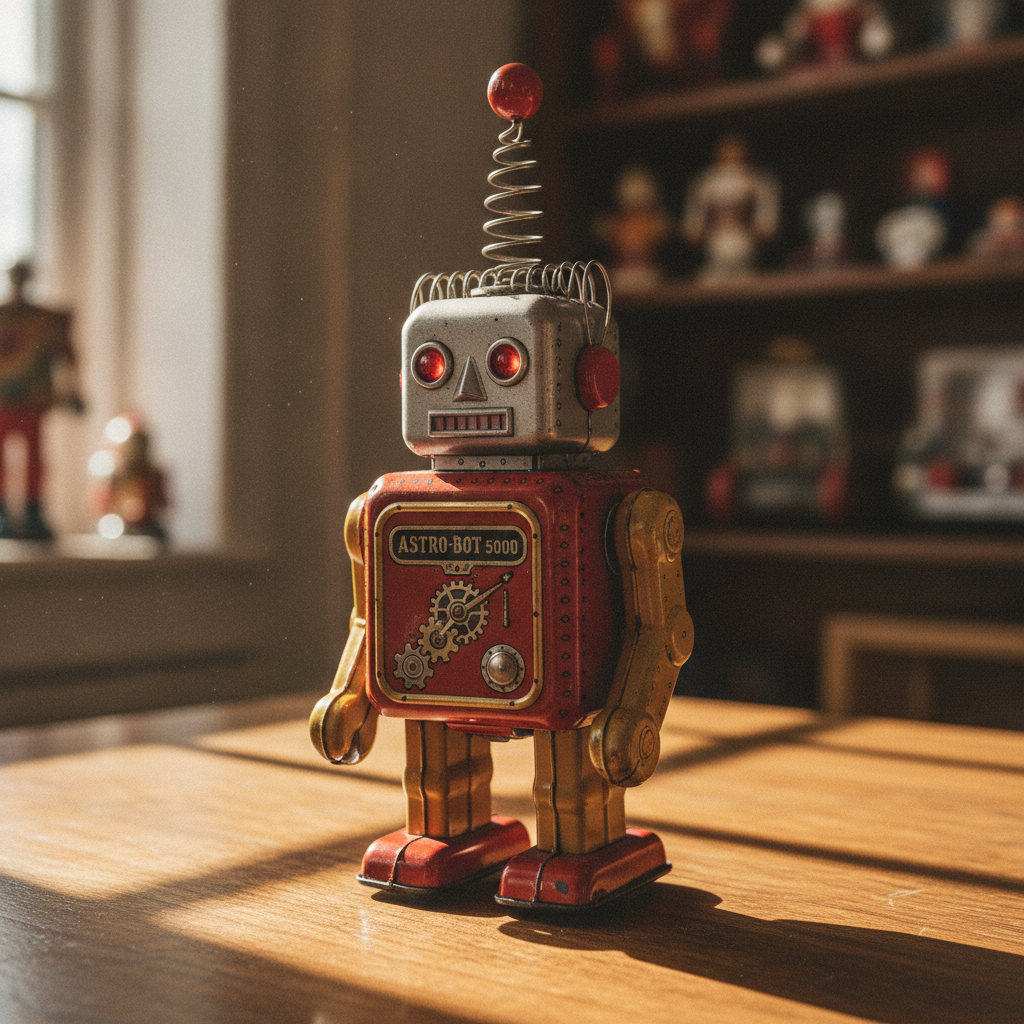 AI robot generator output — retro vintage tin toy robot with boxy metal body, rivets, and antenna on a wooden table, nostalgic robot image generator output