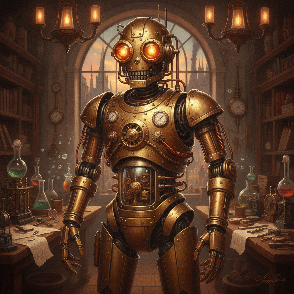 AI robot generator output — steampunk brass robot with gears, copper pipes, and glowing amber lamp eyes in a Victorian workshop, robot character generator output