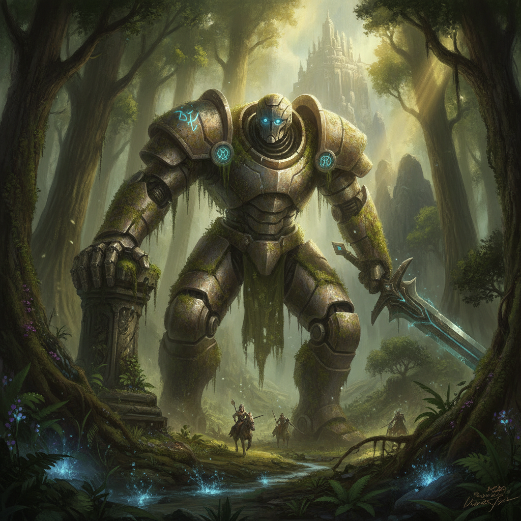 AI robot generator output — heroic giant guardian robot with mossy weathered metal plates in a sunlit forest, epic sci-fi robot generator output