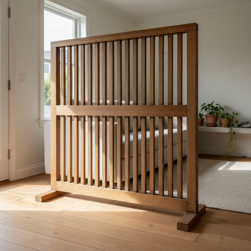 AI room divider design generator result: a freestanding slatted oak screen with every vertical slat housed into both the top and bottom rails, standing on two flat oak feet, the room visible continuing past both of its ends and a door architrave at the left edge of the frame.