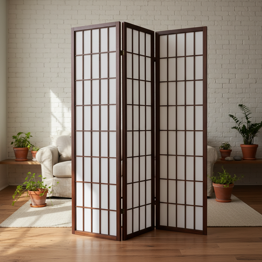 AI room divider design generator result: a three-leaf dark walnut shoji folding screen standing in a shallow zigzag, each leaf an identical lattice of slim bars over translucent white paper, against a wall of brick painted over in off-white with every mortar joint readable.