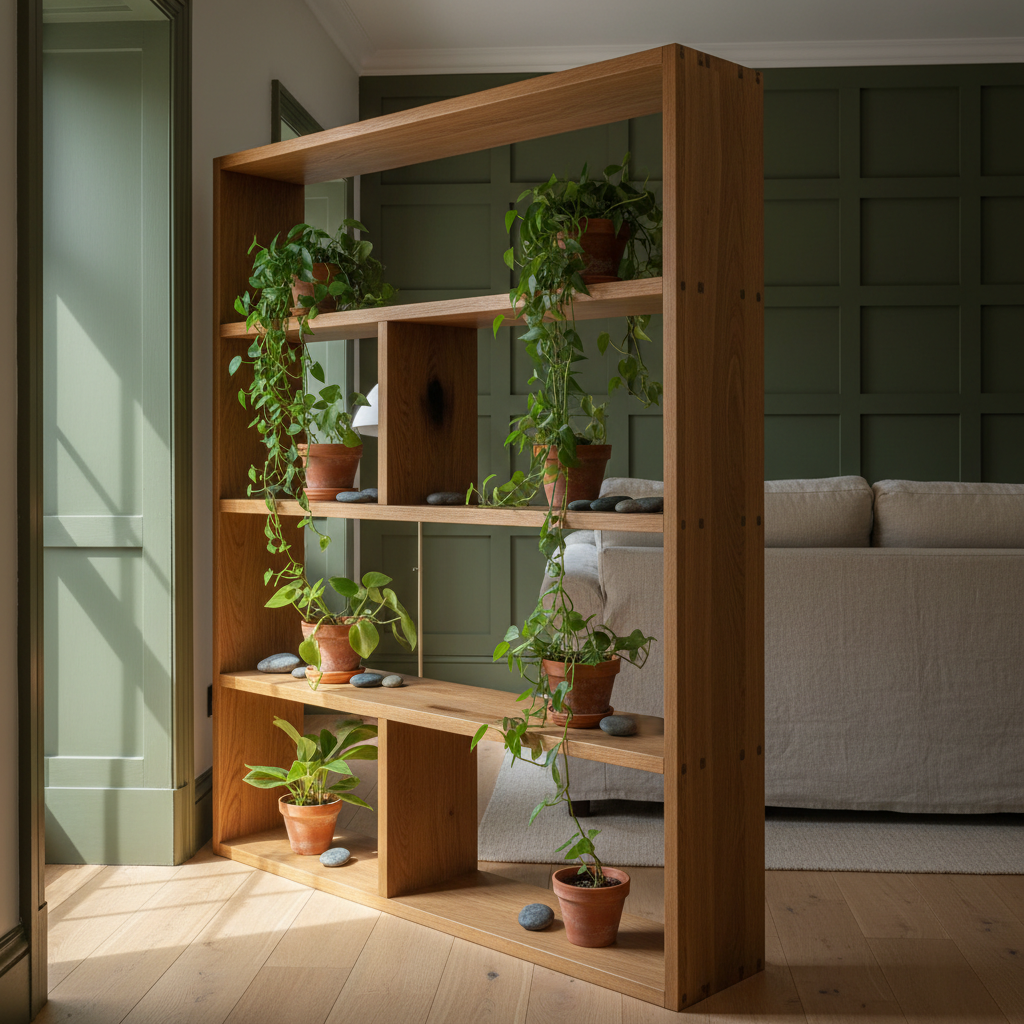 AI room divider design generator result: a freestanding open oak shelving divider four levels tall with no back panel, every shelf carrying terracotta pots of trailing plants and grey river cobbles, against a deep olive panelled wall.