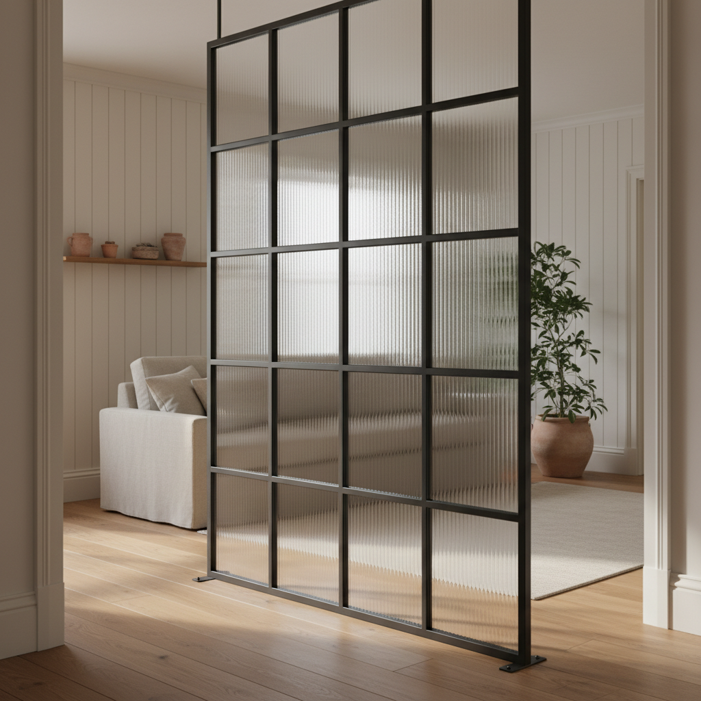 AI room divider design generator result: a slim black steel partition filled with vertically fluted reeded glass that blurs the room beyond into streaks, each upright standing on a flat steel foot plate screwed down to the oak floor boards.