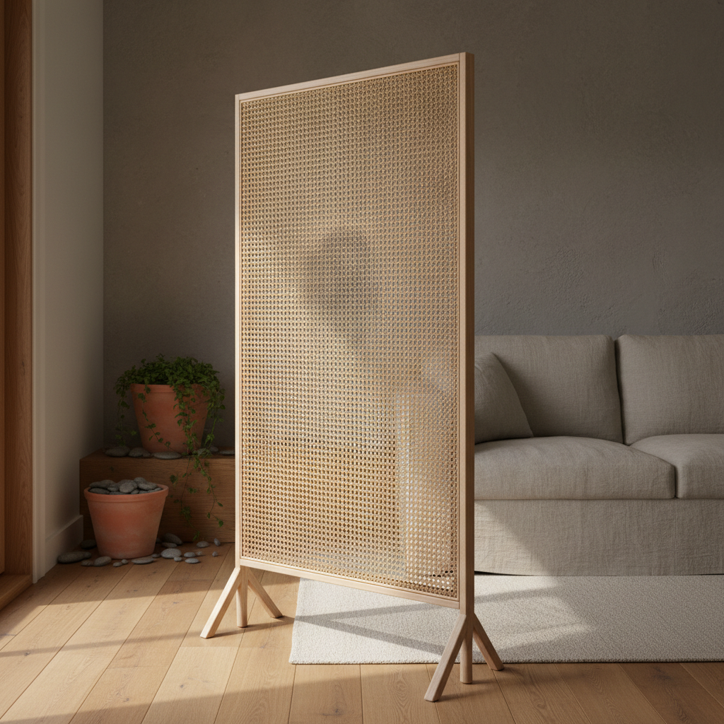 AI room divider design generator result: a tall panel of open woven honey rattan cane in a pale ash frame, the weave open enough to read the sofa behind it, standing on two splayed ash trestle feet on wide oak boards.