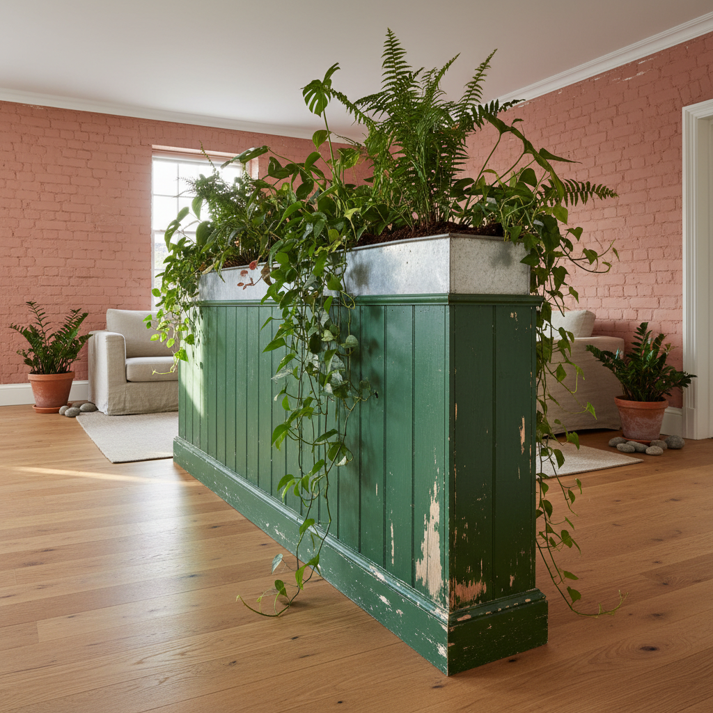AI room divider design generator result: a chest-height vertically boarded half-wall painted deep green with a zinc planting trough let into a slot cut through its top, ferns and trailing plants growing out above and spilling down the face, the paint chipped back to bare timber at the plinth.