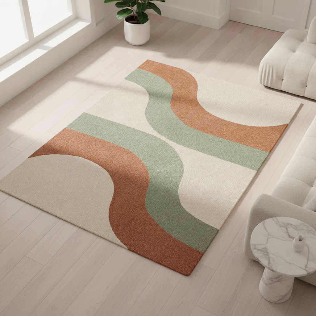 AI rug design generator result: a modern abstract wool area rug with organic curved shapes in cream, terracotta and sage green, laid on a light oak floor in a minimalist living room