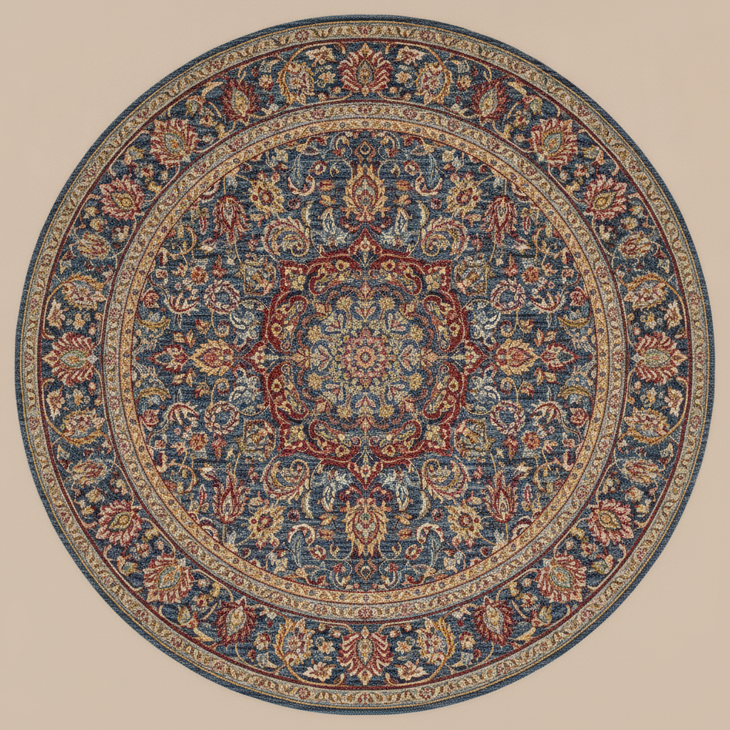 Persian style rug design made with AI: an ornate round medallion rug with a densely scrolling floral field and multi band border in deep indigo, ruby red, ivory and soft gold, photographed flat from above
