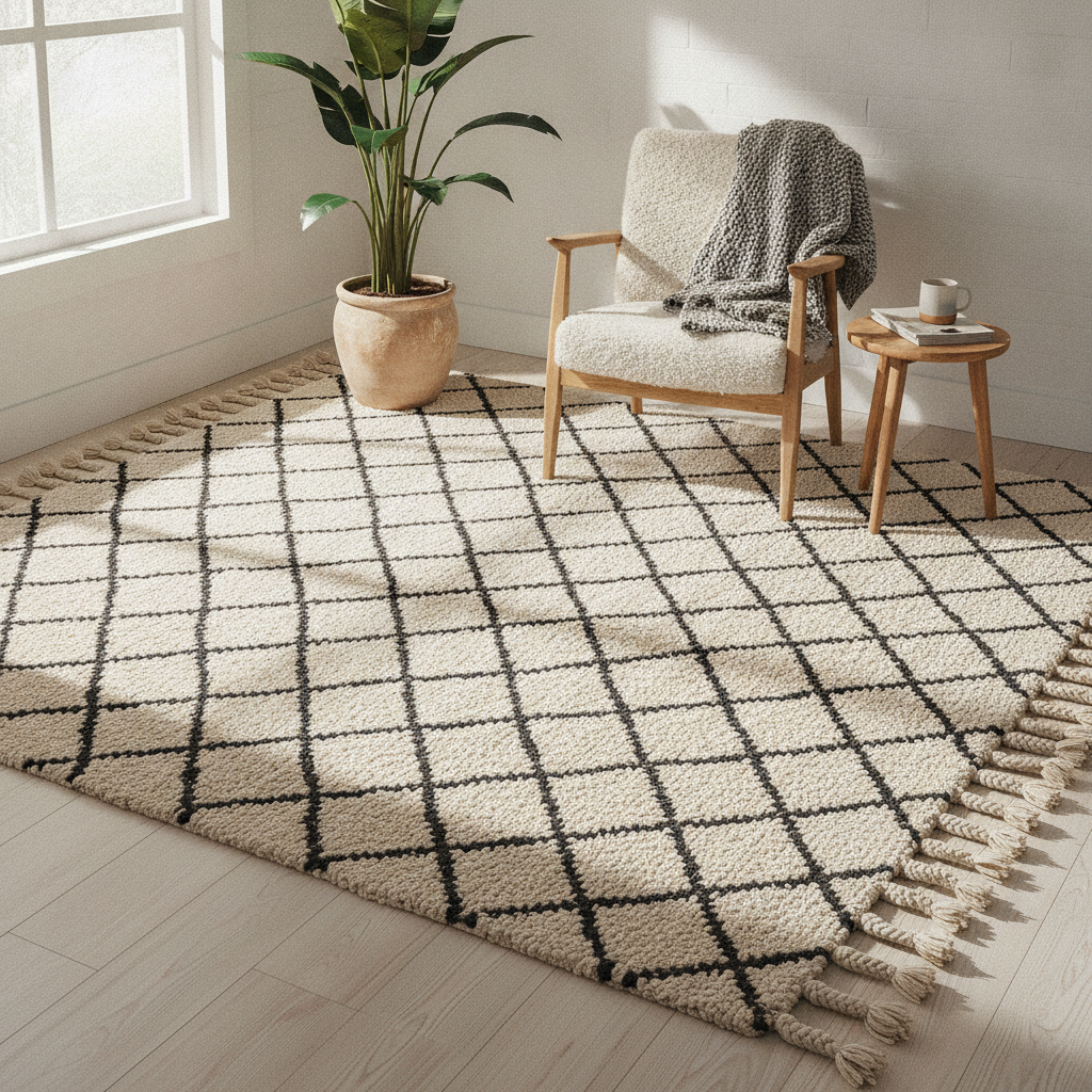 Scandinavian rug design from the AI rug design generator: a cream and charcoal diamond lattice rug with knotted tassel fringe, styled in a nordic room with a wooden armchair and a potted plant