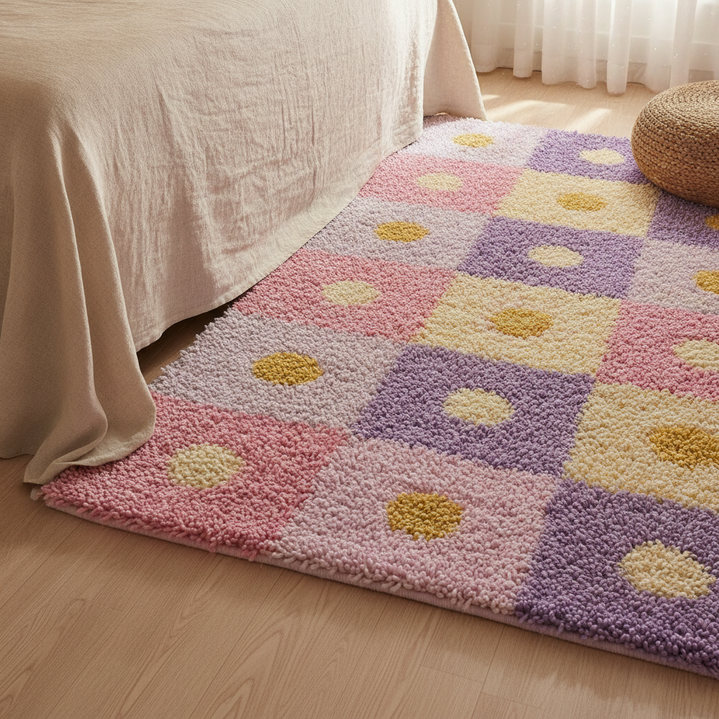 Tufted shag rug design made with AI: a plush high pile rug with a checkerboard grid of pastel pink, lilac and butter yellow squares each holding a simple round dot, on a bedroom floor
